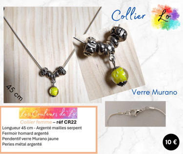 Collier argenté pendentif verre Murano jaune perles acier à reliefs Les Couleurs de Lo