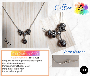Collier argenté pendentif verre Murano violet perle acier strass noir Les Couleurs de Lo