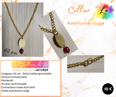 Collier doré Aventurine rouge ovale métal strié Les Couleurs de Lo