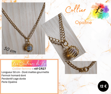 Collier doré pendentif cage Opaline Les Couleurs de Lo