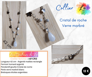 Collier argenté goutte Cristal de roche étoiles acier verre marbré Les Couleurs de Lo