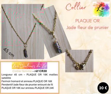 Collier Plaqué or pendentif Jade fleur de prunier Les Couleurs de Lo