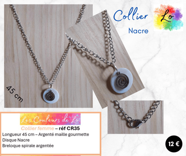 Collier argenté pendentif disque Nacre spirale argentée Les Couleurs de Lo