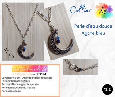 Collier argenté pendentif lune métal perle d'eau douce Agate bleue Les Couleurs de Lo