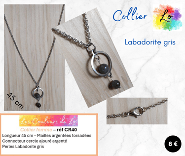 Collier argenté pendentif anneau argenté Labadorite gris