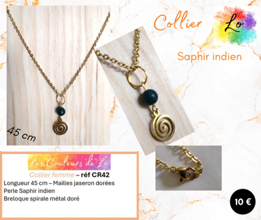 Collier doré Saphir indien spirale acier anneau métal martelé Les Couleurs de Lo