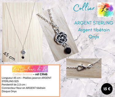 Collier Argent Sterling 925 pendentif rose Argent tibétain Onyx Les Couleurs de Lo