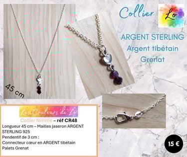 Collier Argent Sterling 925 pendentif cœur Argent tibétain Grenat Les Couleurs de Lo