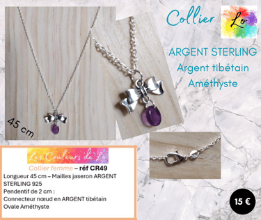 Collier Argent Sterling 925 pendentif nœud Argent tibétain Améthyste Les Couleurs de Lo