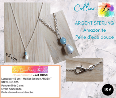 Collier Argent Sterling 925 pendentif perle d'eau douce Amazonite Les Couleurs de Lo