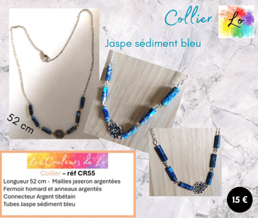 Collier argenté Jaspe sédiment bleu arabesque Argent tibétain Les Couleurs de Lo