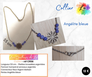 Collier argenté fleur Argent tibétain Angélite bleue Les Couleurs de Lo