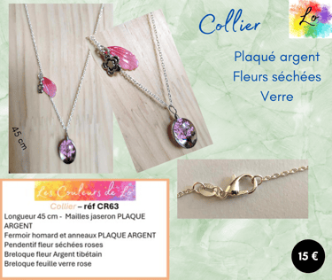 Collier Plaqué argent fleurs séchées rose fleur Argent tibétain feuille verre Les Couleurs de Lo