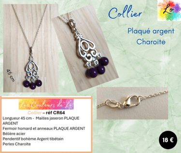 Collier Plaqué argent pendentif bohème Charoïte Les Couleurs de Lo