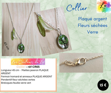 Collier Plaqué argent pendentif fleurs séchées feuilles verre vert Les Couleurs de Lo