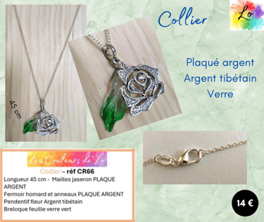 Collier Plaqué argent fleur Argent tibétain feuille verre vert Les Couleurs de Lo