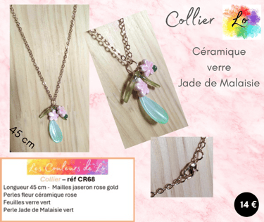 Collier rose gold fleur céramique feuilles verre Jade de Malaisie Les Couleurs de Lo