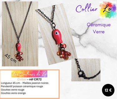 Collier noir poisson céramique rouge verre rouge Les Couleurs de Lo
