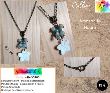 Collier laiton pendentif Amazonite breloque fleur Nacre Les Couleurs de Lo