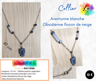 Collier argenté pendentif chouette émail noir-blanc Obsidienne Aventurine Les Couleurs de Lo