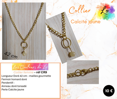 Collier doré anneau métal martelé Calcite jaune Les Couleurs de Lo
