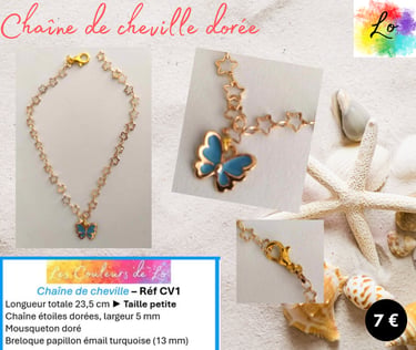 Chaîne de cheville dorée mailles étoiles papillon émail bleu Les Couleurs de Lo