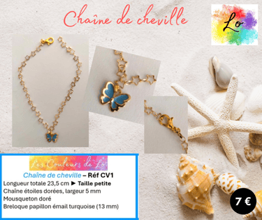 Chaîne de cheville dorée mailles étoile papillon émail bleu Les Couleurs de Lo