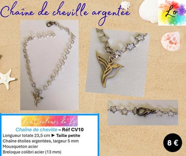 Chaîne de cheville argentée mailles étoiles colibri acier Les Couleurs de Lo