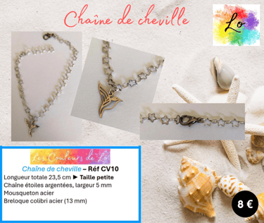 Chaîne de cheville argentée mailles étoiles colibri acier Les Couleurs de Lo