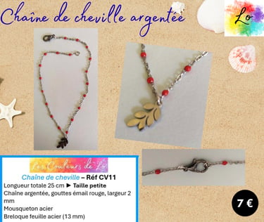 Chaîne de cheville argentée mailles gouttes émail rouge feuille acier Les Couleurs de Lo