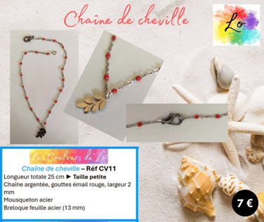Chaîne de cheville argentée mailles gouttes émail rouge feuille acier Les Couleurs de Lo