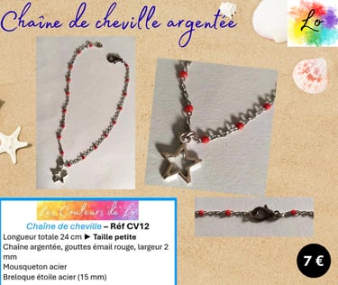 Chaîne de cheville argentée mailles gouttes émail rouge étoile acier Les Couleurs de Lo