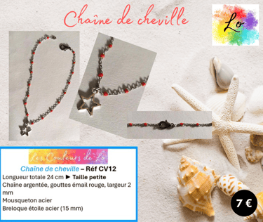 Chaîne de cheville argentée gouttes émail rouge étoile acier Les Couleurs de Lo