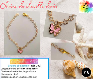 Chaîne de cheville dorée mailles étoiles papillon émail rose Les Couleurs de Lo