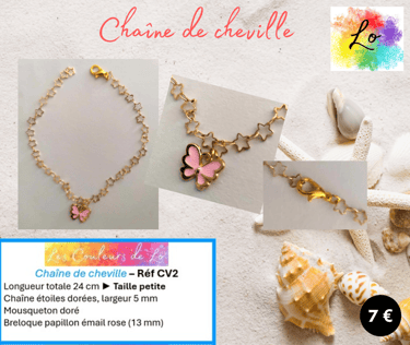 Chaîne de cheville dorée mailles étoile papillon émail rose Les Couleurs de Lo