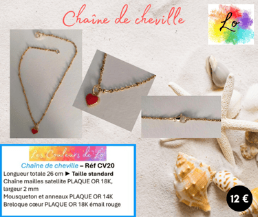 Chaîne de cheville Plaqué or pendentif cœur émail rouge Les Couleurs de Lo