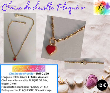 Chaîne de cheville Plaqué or pendentif cœur émail rouge Les Couleurs de Lo