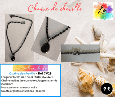 Chaîne de cheville noire goutte cristal noir Les Couleurs de Lo