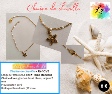 Chaîne de cheville dorée mailles goutte émail blanc fleur métal Les Couleurs de Lo
