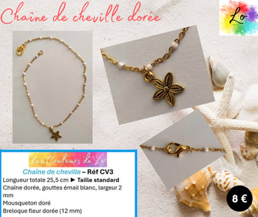 Chaîne de cheville dorée mailles gouttes émail blanc fleur acier Les Couleurs de Lo