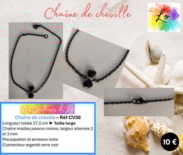 Chaîne de cheville noire nœud verre noir Les Couleurs de Lo
