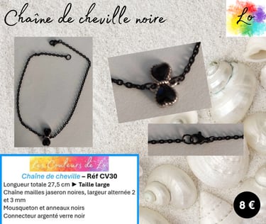 Chaîne de cheville noire nœud verre noir Les Couleurs de Lo