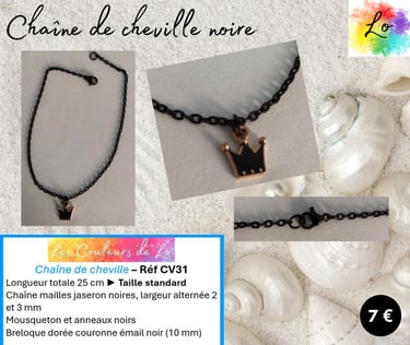 Chaîne de cheville noire couronne émail noir Les Couleurs de Lo