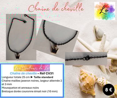 Chaîne de cheville noire couronne émail noir Les Couleurs de Lo