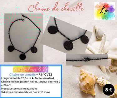 Chaîne de cheville noire disques métal martelé Les Couleurs de Lo
