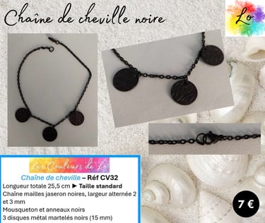 Chaîne de cheville noire disques métal martelés Les Couleurs de Lo