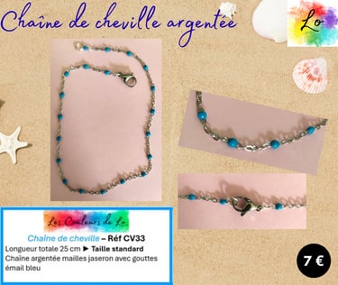 Chaîne de cheville argentée mailles gouttes émail bleu Les Couleurs de Lo
