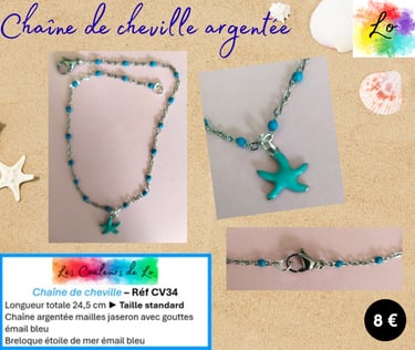 Chaîne de cheville argentée mailles gouttes émail bleu étoile de mer émail bleu Les Couleurs de Lo