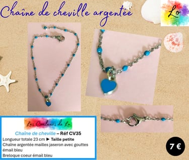 Chaîne de cheville argentée mailles gouttes émail bleu cœur émail bleu Les Couleurs de Lo