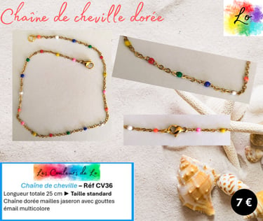 Chaîne de cheville dorée mailles gouttes émail multicolore Les Couleurs de Lo